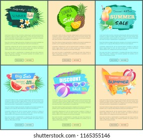 Discount promo posters advertisement leaflets. Summertime labels flowers and sunglasses, cocktails and balls, surfboard, pineapple in glasses, sea creatures