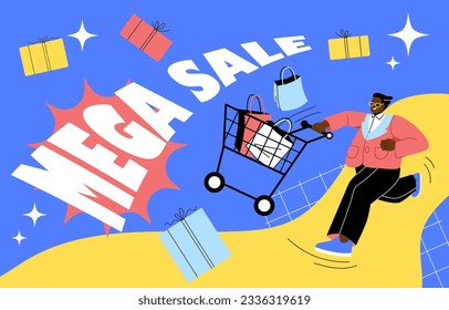 Discount and promotion banner. Man with cart with shopping bags. Special limited offer. Advertising and marketing, electronic commerce. Present and gift. Cartoon flat vector illustration