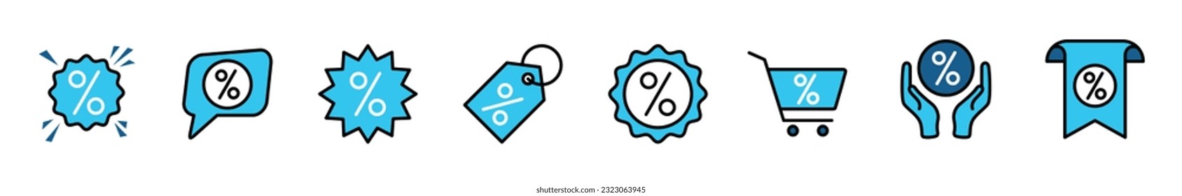 Discount promotion in blue color icon collection. Shopping tag, cart, coupon, label, sticker, badge, speech bubble with percentage symbol for apps and websites. Vector illustration