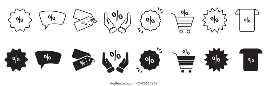 Discount promotion flat icon set vector. Containing shopping tag, cart, coupon, label, sticker, badge, speech bubble with percentage symbol for apps and websites.