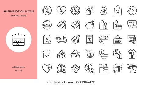 Discount and Promotion Icons Set. Editable Vector Symbols for Retail, Sales, and Commerce. Labels, Gift Cards, Coupons, Vouchers, Shopping Deals, and New Arrivals.