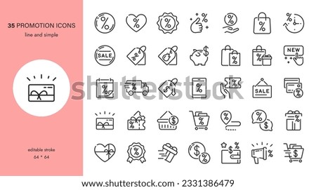 Discount and Promotion Icons Set. Editable Vector Symbols for Retail, Sales, and Commerce. Labels, Gift Cards, Coupons, Vouchers, Shopping Deals, and New Arrivals.