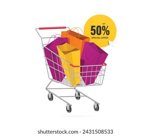 discount promotion ,orange, yellow, purple paper shopping bags Place in the steel shopping cart or basket With circle sign or tag label for promotion special offer 50% off, vector 3d isolated