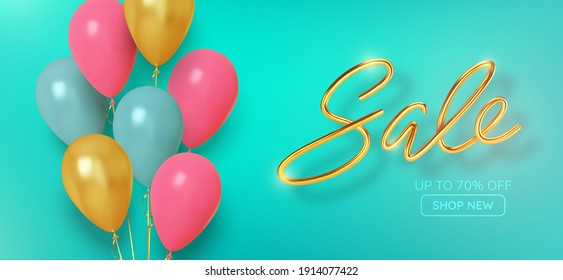 Discount promotion sale made of realistic 3d colorful balloons. Text in the form of golden balls.  Vector illustration