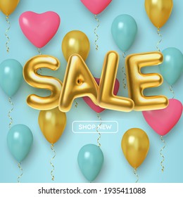 Discount promotion sale made of realistic 3d pink, blue and gold balloons. Vector illustration 