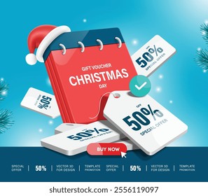 discount promotion tag label 50% off up in front of a calendar on Christmas Day with a buy now button and snow floating in the air around, vector 3d illustration for banner advertisement design