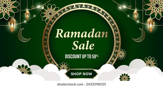 Discount promotional banner, with a Ramadan or Islamic theme. dark green color