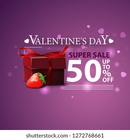 Discount purple banner for Valentine's Day with gifts and strawberry