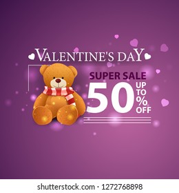 Discount purple banner for Valentine's Day with Teddy bear