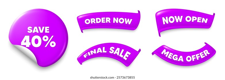 Discount purple sticker, Sale offer ribbons. Final sale, Order now. Save 40 percent off tag. Sale Discount offer price sign. Special offer symbol. Sticker badge. Flag ribbon banners. Vector