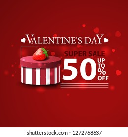 Discount red banner for Valentine's Day with gifts and strawberry