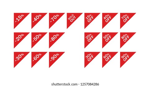 Discount red corner banners. Price discount and sold out triangular vector left corner label set.