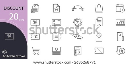 Discount related icon collections. Containing sale, offer, price, tag, coupon, deal, percentage, promotion, voucher, and savings icons. Editable Stroke. Outline icons.
