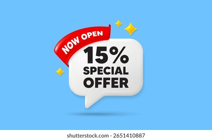 Bolha de fala da faixa de opções de desconto. Agora abra a faixa de opções. etiqueta de oferta de desconto de 15%. Sinal de promoção de preço de venda. Símbolo de oferta especial. Bolha de fala de estrelas cintilantes 3d. Vetor