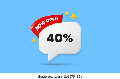 Burbuja de discurso de la cinta de descuento. Ahora abre la cinta de la bandera. 40 por ciento de descuento en la etiqueta de venta. Muestra de Precio de oferta de descuento. Símbolo de oferta especial. Burbuja de discurso de estrellas brillantes 3D. Vector