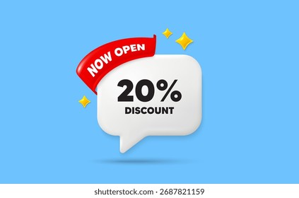 Discount Band Sprechblase. Jetzt Flaggenband öffnen. 20 Prozent Rabatt. Preisschild des Verkaufsangebots. Sonderangebotszeichen. 3D funkeln Sterne Sprechblase. Vektorgrafik