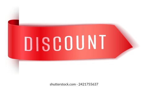 Discount ribbon tag realistic vector illustration. Price reducing offering red arrow banner 3d models on white background. Marketing strategy