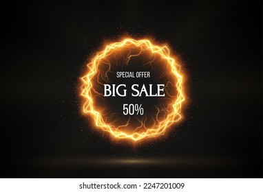 Discount round gold banner .
Shining discount circle with the effect of explosive ball lightning.
Your store will attract your customer well.
Isolated vector.
