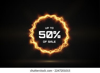 Discount round gold banner .
Shining discount circle with the effect of explosive ball lightning.
Your store will attract your customer well.
Isolated vector.