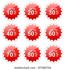 discount sale 10,20,30,40,50,60,70,80,90 percent on red label set (vector)