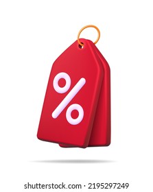 Discount sale 3d icon. Price with percent. Coupon for black friday. Red tag for special offer. Label for shop promotion. Card for buy isolated on white background. Vector.