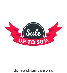 Discount sale up to 50% off ribbon badge sale label concept template vector illustration isolated on white background. Web banners elements for website and advertising. Discount ribbon label design.