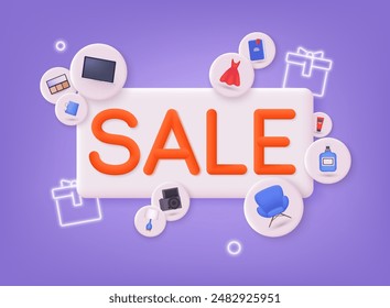 Discount sale background. Illustration of large SALE word with shopping object. 3D Web Vector Illustrations.
