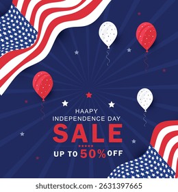 Discount sale banner for American Independence Day with the USA themed balloon, waving a flag, and starburst on blue background