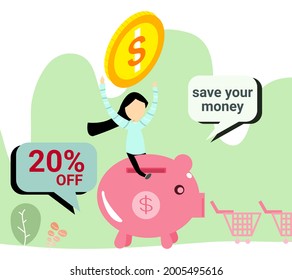 discount sale banner design in flat character in the green pastel background, a girl riding on piggy cash and shopping cart. Vector digital art.