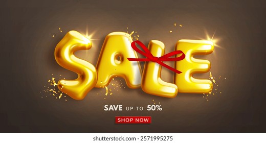 Discount sale banner with golden realistic glossy 3d text and decorative red bow on black background. Special offer. Promotional design template for web banner, poster, flyer. Vector ad illustration