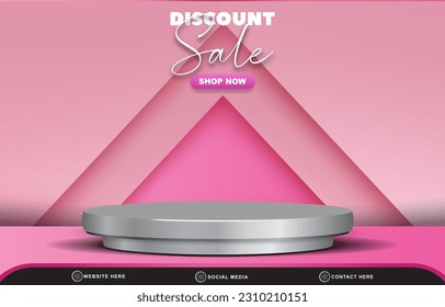 discount sale banner for social media post with blank space 3d podium for product sale with abstract gradient pink background design