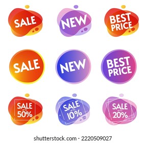 Discount sale best price offer abstract promotion off label tag vector graphic set illustrated, 50 10 20 percent new product tag red orange fluid liquid shapes design, black friday coupon clearance 