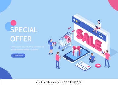 
Discount sale  concept with characters. Can use for web banner, infographics, hero images. Flat isometric vector illustration isolated on white background.