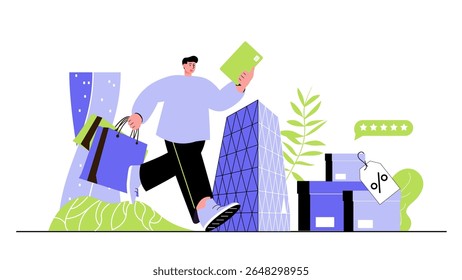 Discount sale concept for modern web design. People buying new products on sale at best prices, paying for purchases with store loyalty program. Flat vector illustration isolated on white background.
