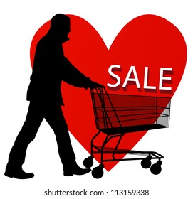 Discount sale concept vector background with man, shopping cart and red heart
