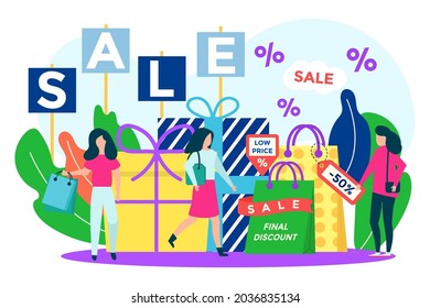 Discount sale concept, vector illustration, flat retail lower price in store, tiny woman costumer people character buy gift, present and clothes.