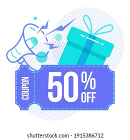 Discount, sale coupon 50. The concept of a coupon, a gift with a gramophone. Element for banner, flyer, and discount coupons