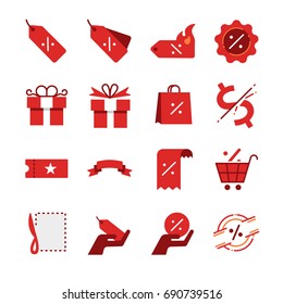 Discount and sale flat colors icon set. Included the icons as price tag, price discount, badge, coupon, special offer and more.
