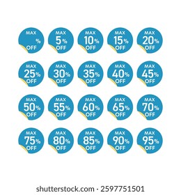 Discount Sale Icon Set. Bright, bold discount stickers (5%–95% OFF) for e-commerce, ads, flyers, and posters. Eye-catching designs to attract customers.