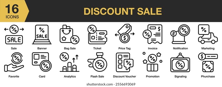 Discount Sale icon set. Includes ticket, price tag, notification, promotion, purchase, signaling, marketing, and More. Outline icons vector collection.