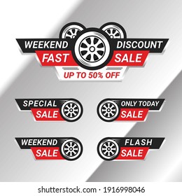 discount sale label collection with wheels automotive illustration perfect for boost your product sale, on social media or print advertising