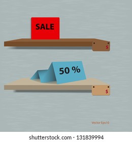 Discount sale label on shelf with grunge background