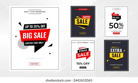 Discount Sale labels set vector template. sale banner set, big sale, final sale background. Discount Promotion marketing poster design for web and Social. 