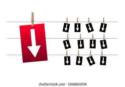Discount. Sale. Low prices, paper on a rope. The arrows on the red and black. Down sign. Vector illustration isolated on white background.