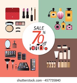 Discount sale Makeup design concept set with eye shadows cosmetic bases,perfume, tools and skincare flat icons vector illustration.