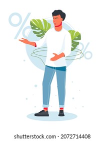 discount, sale. A male salesperson advertises discounts on. the seller helps the buyer to choose a things. Shopping, buying trendy fashionable clothes. Vector illustration isolated on white background
