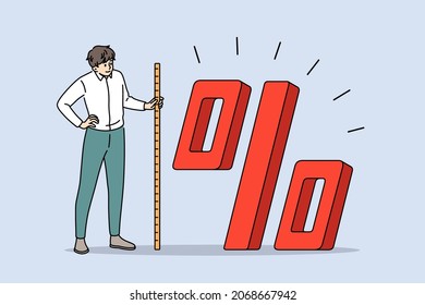 Discount, sale and marketing concept. Young man standing with measure type and measuring size of huge percentage with sale promotion vector illustration 