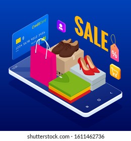 Discount sale, mobile payment or money transfer concept. Isometric E-commerce market shopping online.