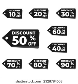 Discount sale off the tag, 10, 20, 30, 40, 50, 60, 70, 80, 90 percent, Promotion black banner with discount offer, clearance, emblem, special offer tag sticker design element, Flat vector illustration