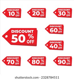 Discount sale off the tag, 10, 20, 30, 40, 50, 60, 70, 80, 90 percent, Promotion red banner with discount offer, clearance, emblem, special offer tag sticker design element, Flat vector illustration